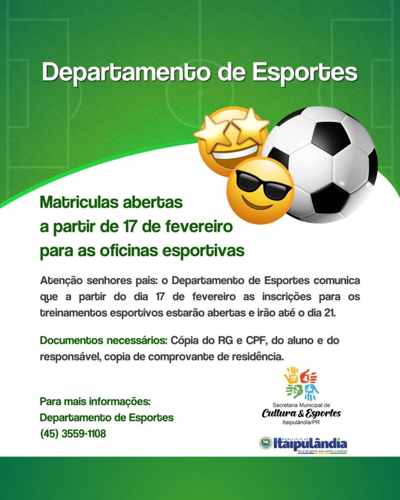 #ESPORTE Está chegando a hora de voltar às atividades!

De 17 à 21 de fevereiro, estarão abertas as inscrições para as nossas oficinas Esportivas.

Co