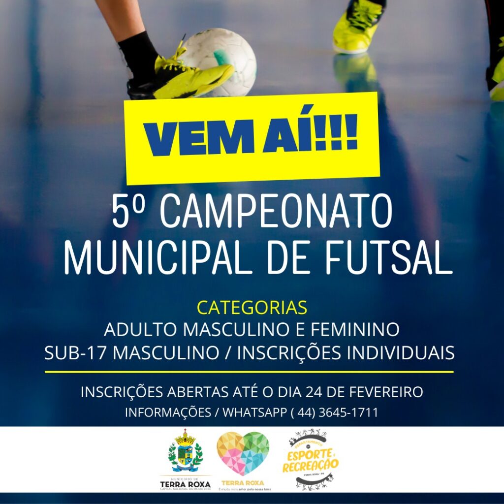 Vem aí o 5º Campeonato Municipal de Futsal de Terra Roxa

A emoção do futsal está de volta! Estão abertas as inscrições para o 5º Campeonato Municipal