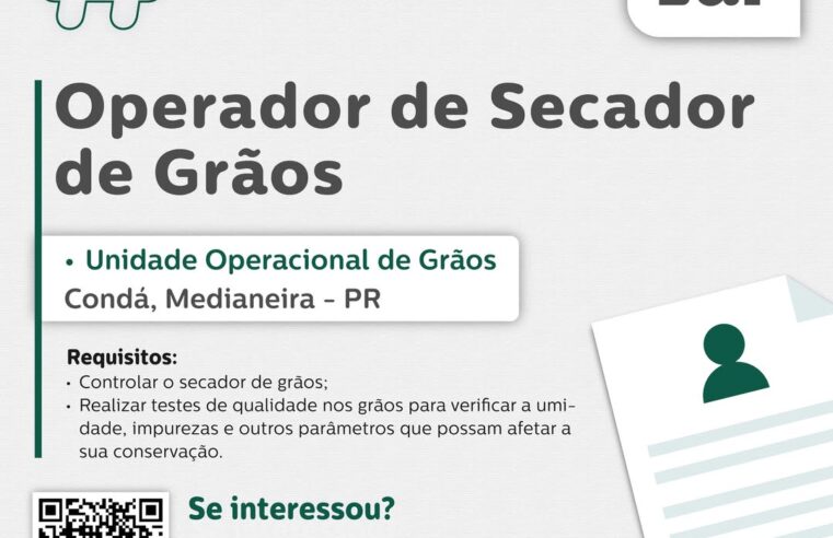 Vaga para Operador de Secador de Grãos em Medianeira 🚀