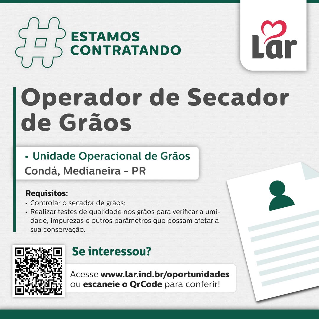 Vaga para Operador de Secador de Grãos em Medianeira 🚀