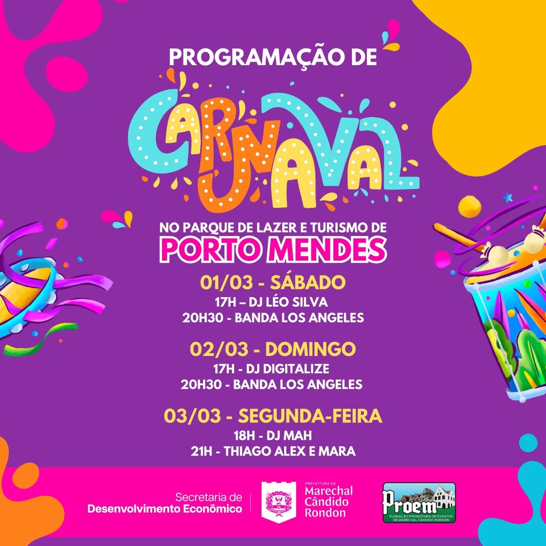 Carnaval em Porto Mendes terá shows gratuitos 🎶🎉