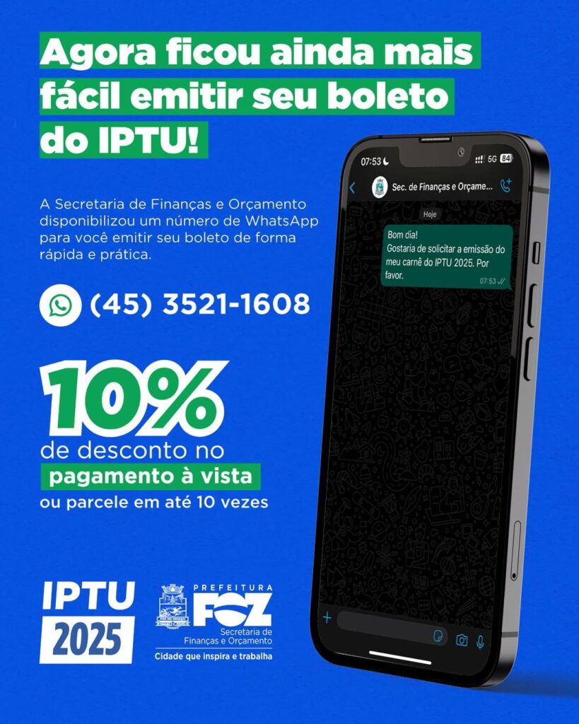 Agora ficou ainda mais fácil emitir sua guia do IPTU 2025!

Além do site da Prefeitura, você também pode solicitar a guia de pagamento pelo WhatsApp!