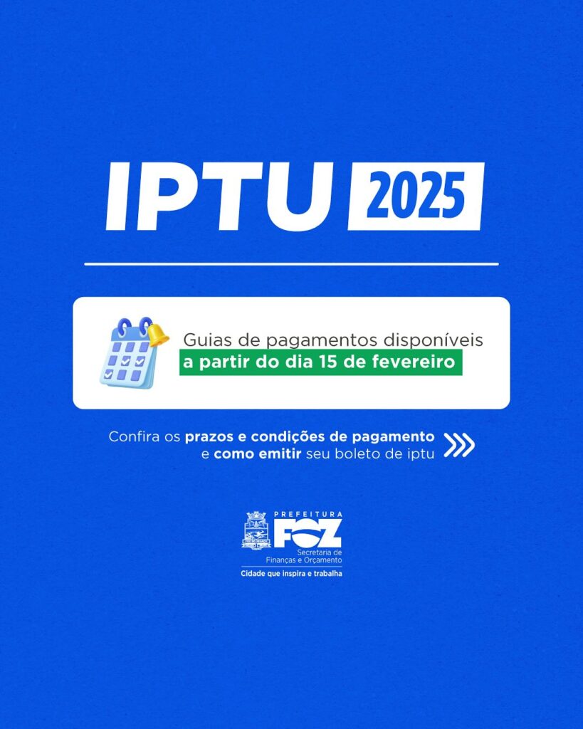 IPTU 2025: Fique atento aos prazos!

Os boletos do IPTU e da Taxa de Coleta de Lixo estarão disponíveis a partir da segunda quinzena de fevereiro. O