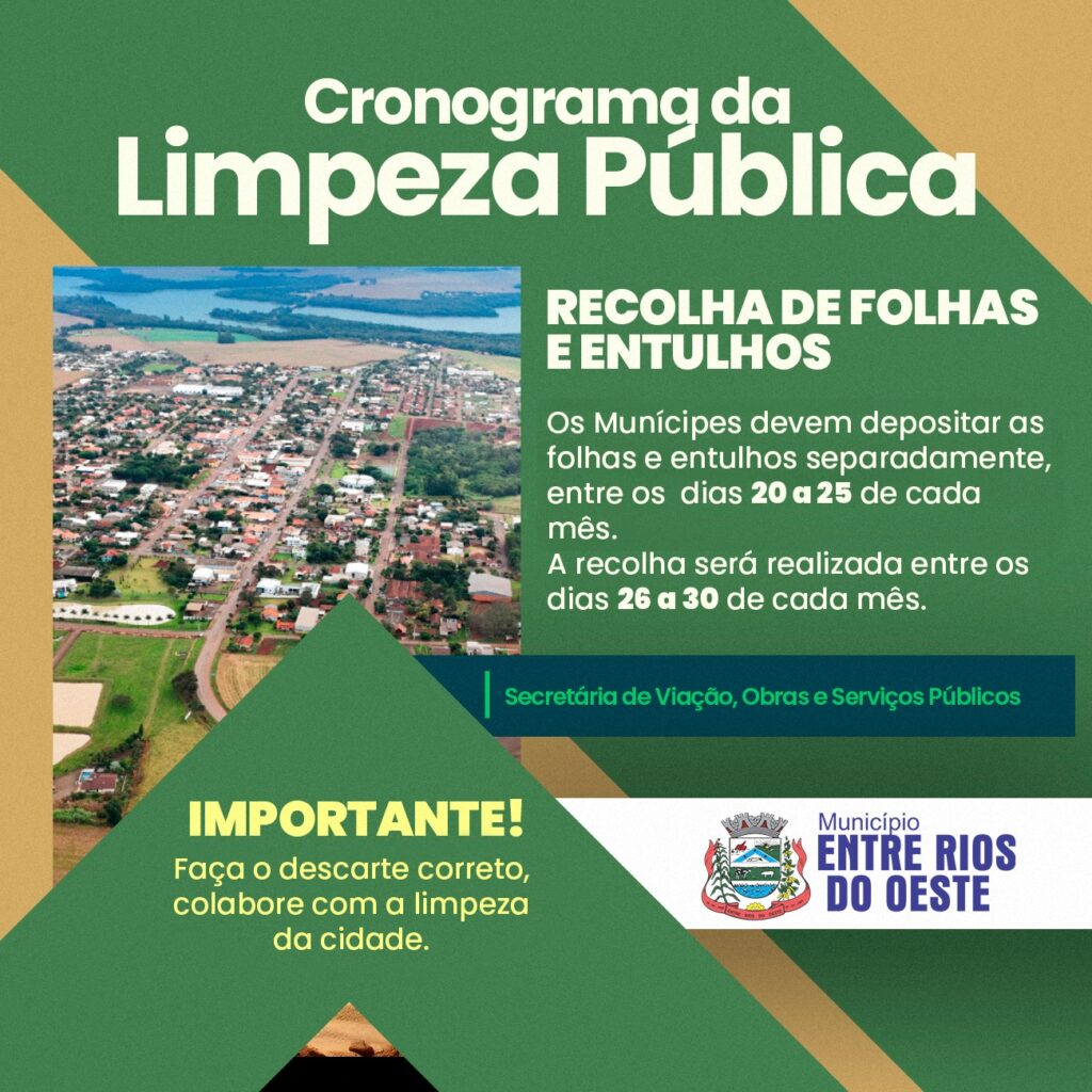 FIQUE ATENTO AOS DIAS DA LIMPEZA! 

 Limpeza Pública: Recolha de folhas e entulhos
 Deposite separadamente entre os dias 20 a 25 de cada mês.
 A reco