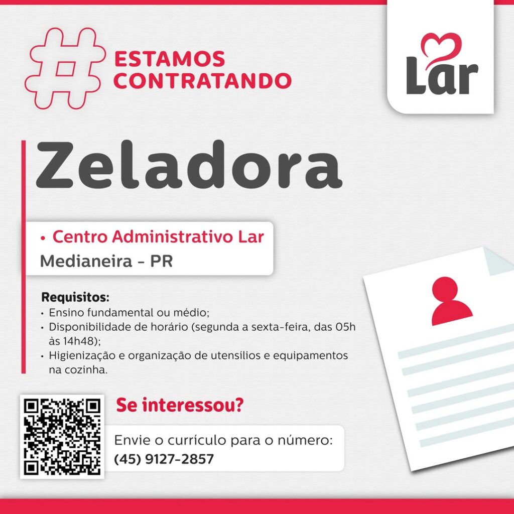 Vaga para Medianeira (PR)

Oportunidade para Zeladora, no Centro Administrativo Lar. 

Se interessou? 

Envie o currículo para o número: (45) 9127 285