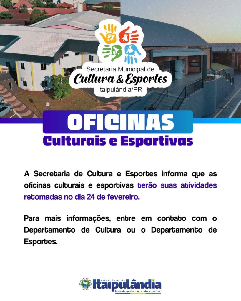 As oficinas culturais e esportivas estão de volta! 

No dia 24 de fevereiro retomamos nossas atividades! Não perca essa oportunidade de participar!