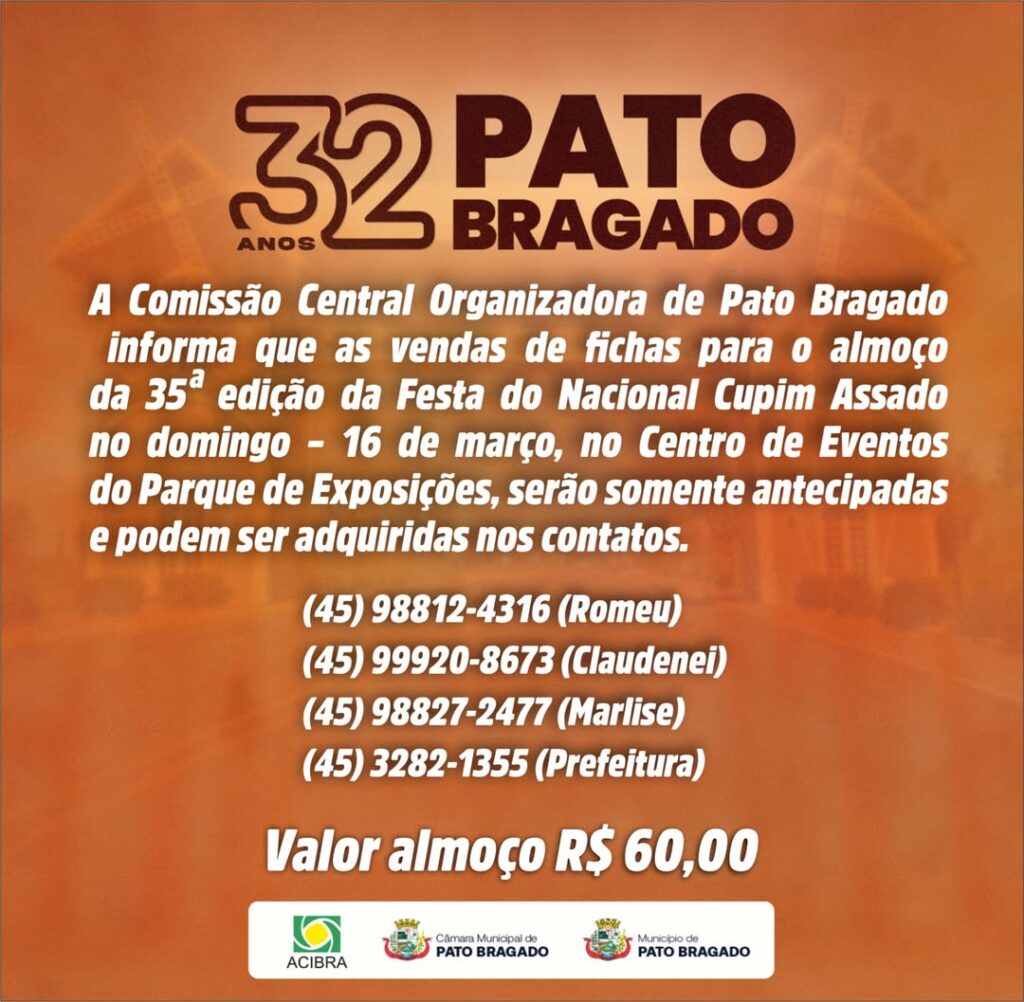 Festa Nacional do Cupim Assado em Pato Bragado: Abertas as vendas de fichas e reservas de cupim para o concurso 

A Comissão Central Organizadora da 3