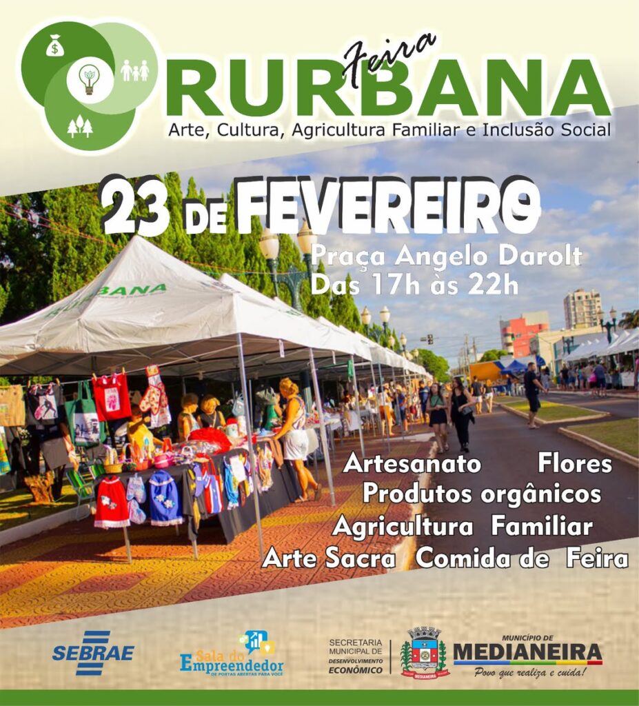 Anota na agenda que este final de semana tem Feira Rurbana!

 Domingo 23 de fevereiro na praça Ângelo Darolt

 Das 17h às 22h.