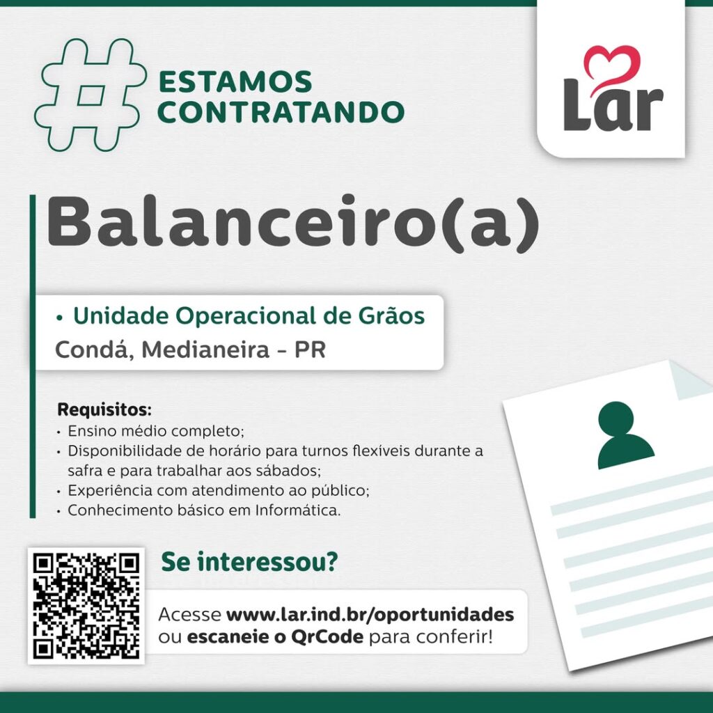 Vaga para Condá, Medianeira (PR)

Oportunidade para Balanceiro(a), na Unidade Operacional de Grãos. 

Se interessou? 

Inscrições através do portal de