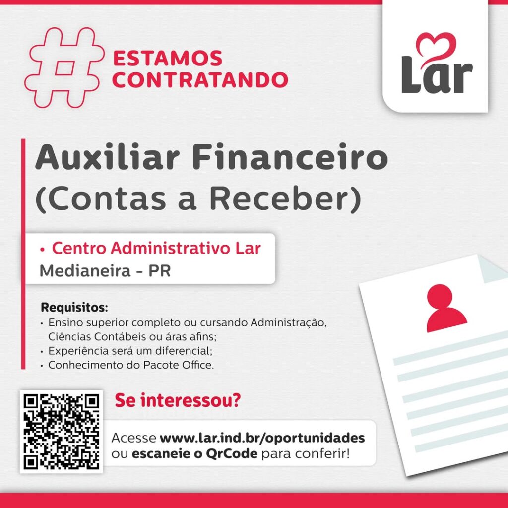 Vaga para Medianeira (PR)

Oportunidade para Auxiliar Financeiro (Contas a Receber), no Centro Administrativo Lar. 

Se interessou? 

Inscrições atrav