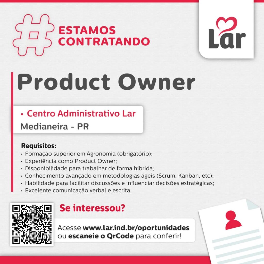 Vaga para Medianeira (PR)

Oportunidade para Product Owner, no Centro Administrativo Lar. 

Se interessou? 

Inscrições através do portal de vagas www