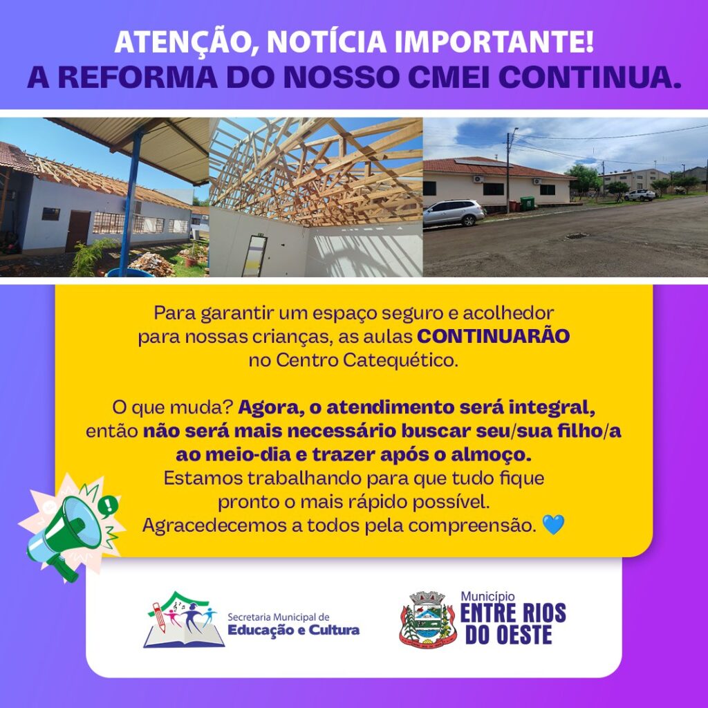 Obras no CMEI Entre Rios continuam, e aulas seguem no Centro Catequético

Desde o início do ano, está em andamento a reforma do CMEI Entre Rios, uma i