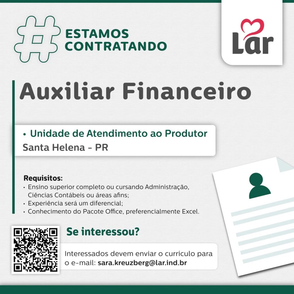 Vaga para Santa Helena (PR)

Oportunidade para Auxiliar Financeiro, na Unidade de Atendimento ao Produtor. 

Se interessou? 

Interessados devem envia