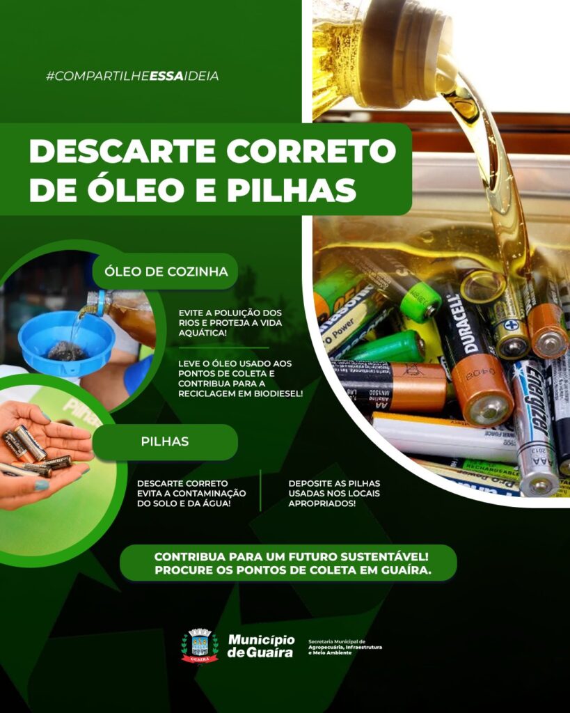 Descarte correto de óleo e pilhas: um ato de responsabilidade e amor pelo planeta

O Município de Guaíra, por meio da Secretaria de Agropecuária, Infr