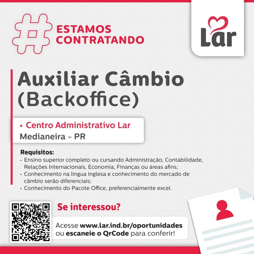 Vaga para Medianeira (PR)

Oportunidade para Auxiliar Câmbio (Backoffice), no Centro Administrativo Lar. 

Se interessou? 

Inscrições através do port