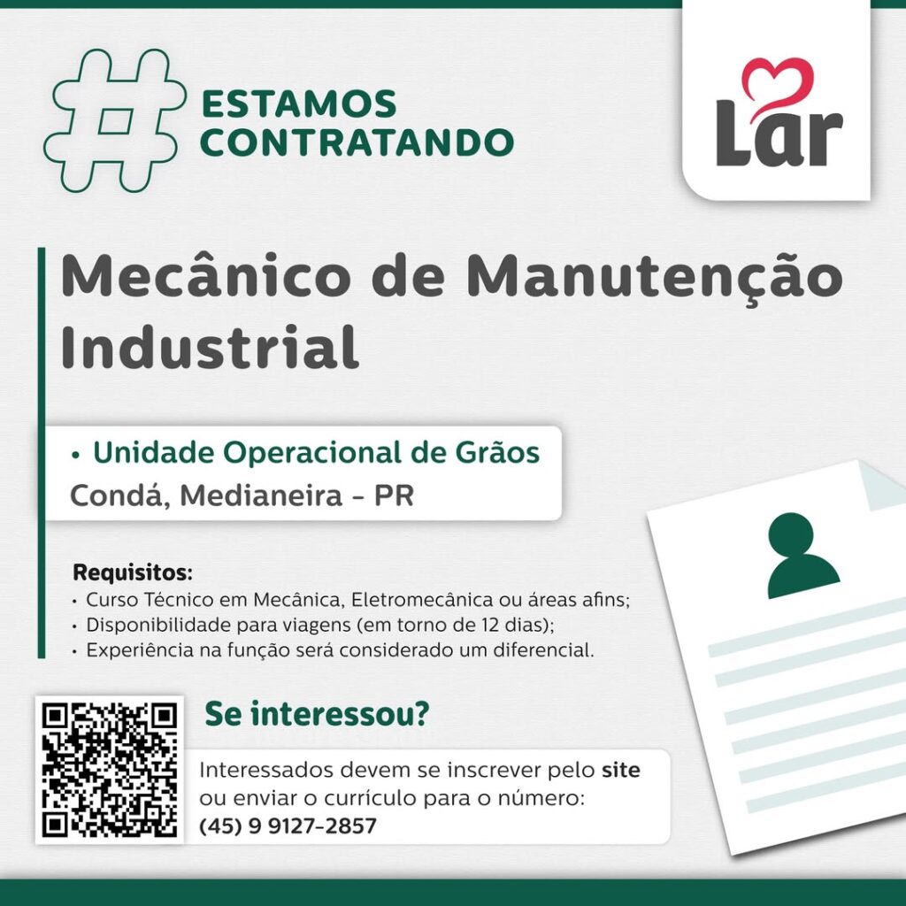 Vaga para Condá, Medianeira (PR)

Oportunidade para Mecânico de Manutenção Industrial, na Unidade Operacional de Grãos. 

Se interessou? 

Interessado