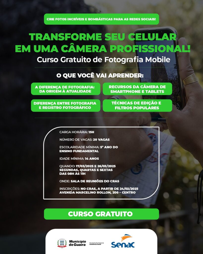 Município oferece o curso gratuito: "FOTOGRAFIA MOBLIE - Transforme seu celular em Câmera Profissional"

O Município de Guaíra, por meio da Secretaria