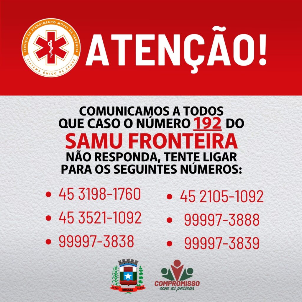 RECADO IMPORTANTE

O 192 está com inconsistências em toda a região de abrangência. Portanto, ao solicitar os serviços através do 192 e este não respon