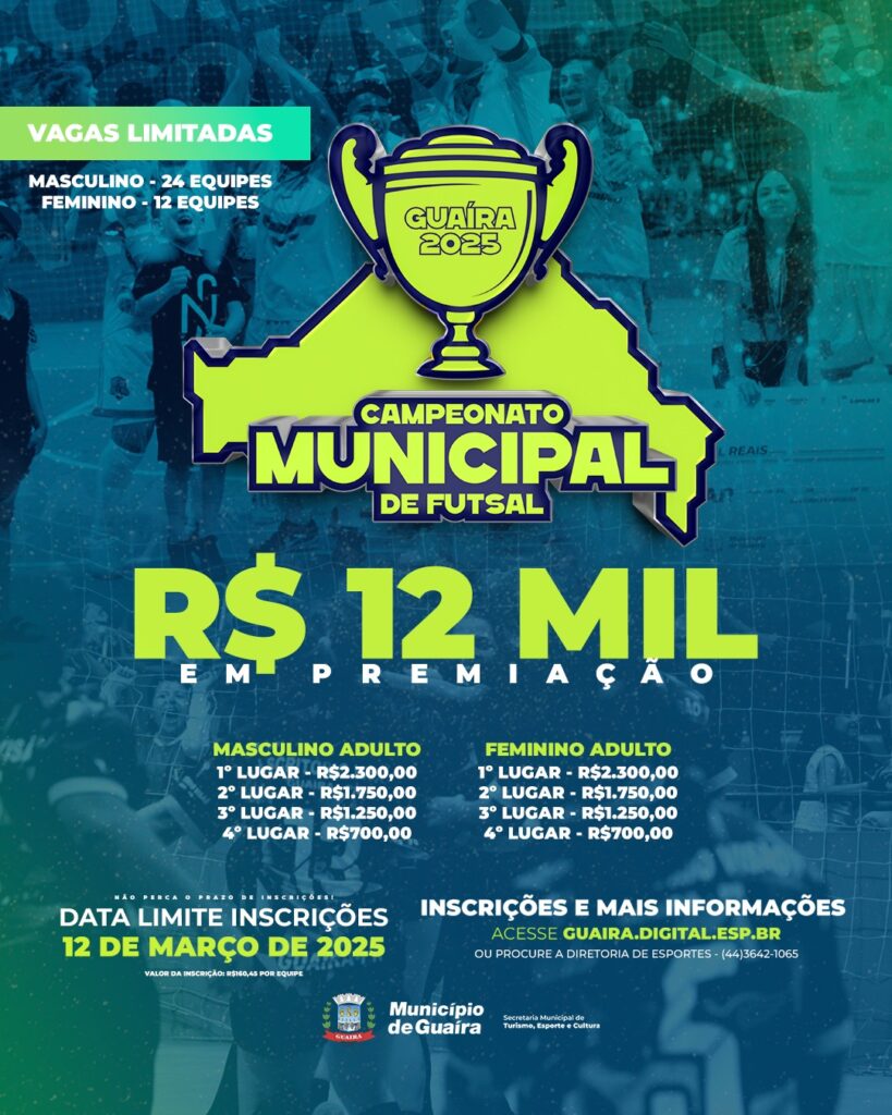 Campeonato Municipal de Futsal de Guaíra, tem 12 mil reais em premiação e esta com inscrições abertas

O Município de Guaíra, por meio da Secretaria d