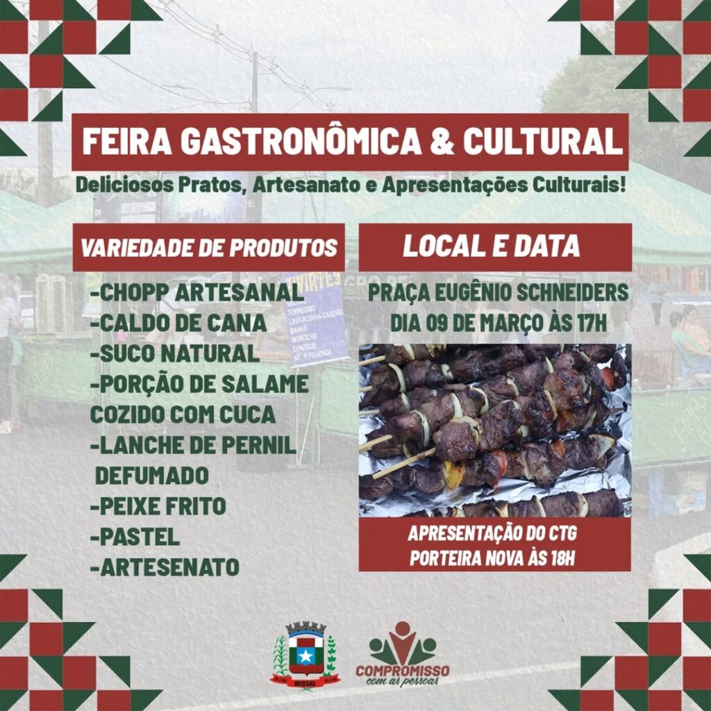 DOMINGO TEM FEIRA!!!!

No próximo domingo, 09 de março, ocorre mais uma Feira Gastronômica e Cultural na Praça de Missal.

A partir das 17h todas as d