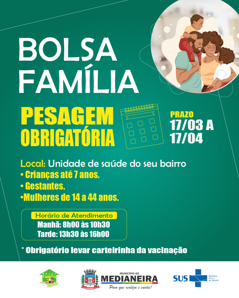 Pesagem do Bolsa Família inicia na próxima semana

 Inicia no dia 17/03 e segue até 17/04 a Avaliação Nutricional do Bolsa Família na Saúde, referent