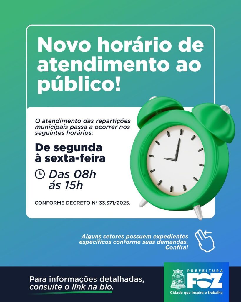 ATENÇÃO! NOVO HORÁRIO DE EXPEDIENTE 

A partir do dia 10 de março de 2025, os órgãos da Administração Pública Municipal terão um novo horário de func