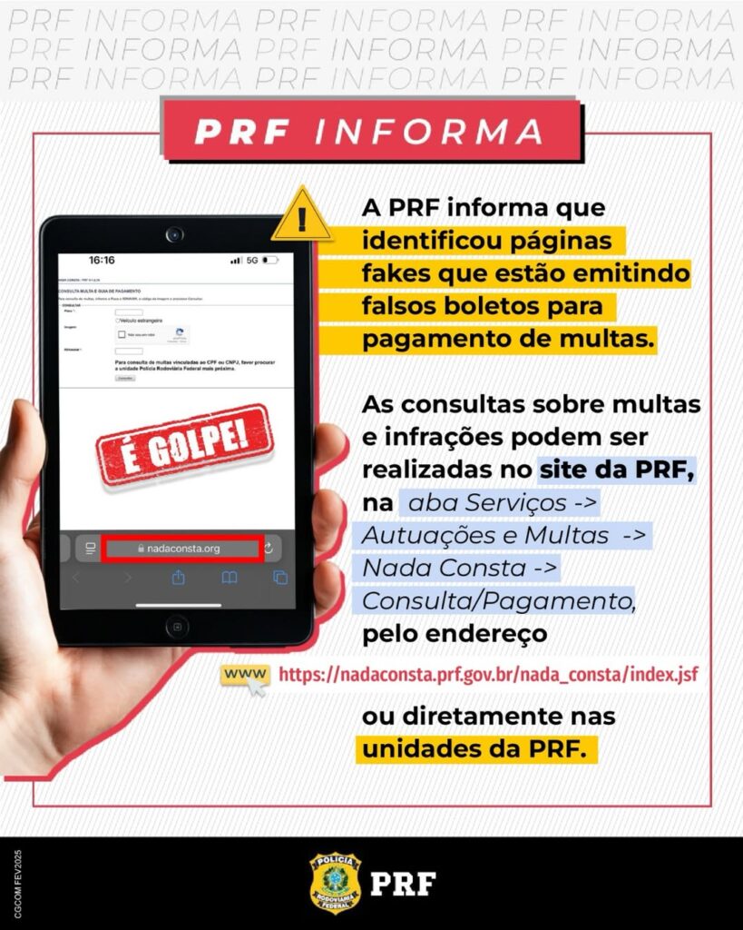 ALERTA DE GOLPE

A PRF alerta a condutores e donos de veículos que não encaminha notificações de infrações via e-mail, aplicativos de mensagens, ligaç