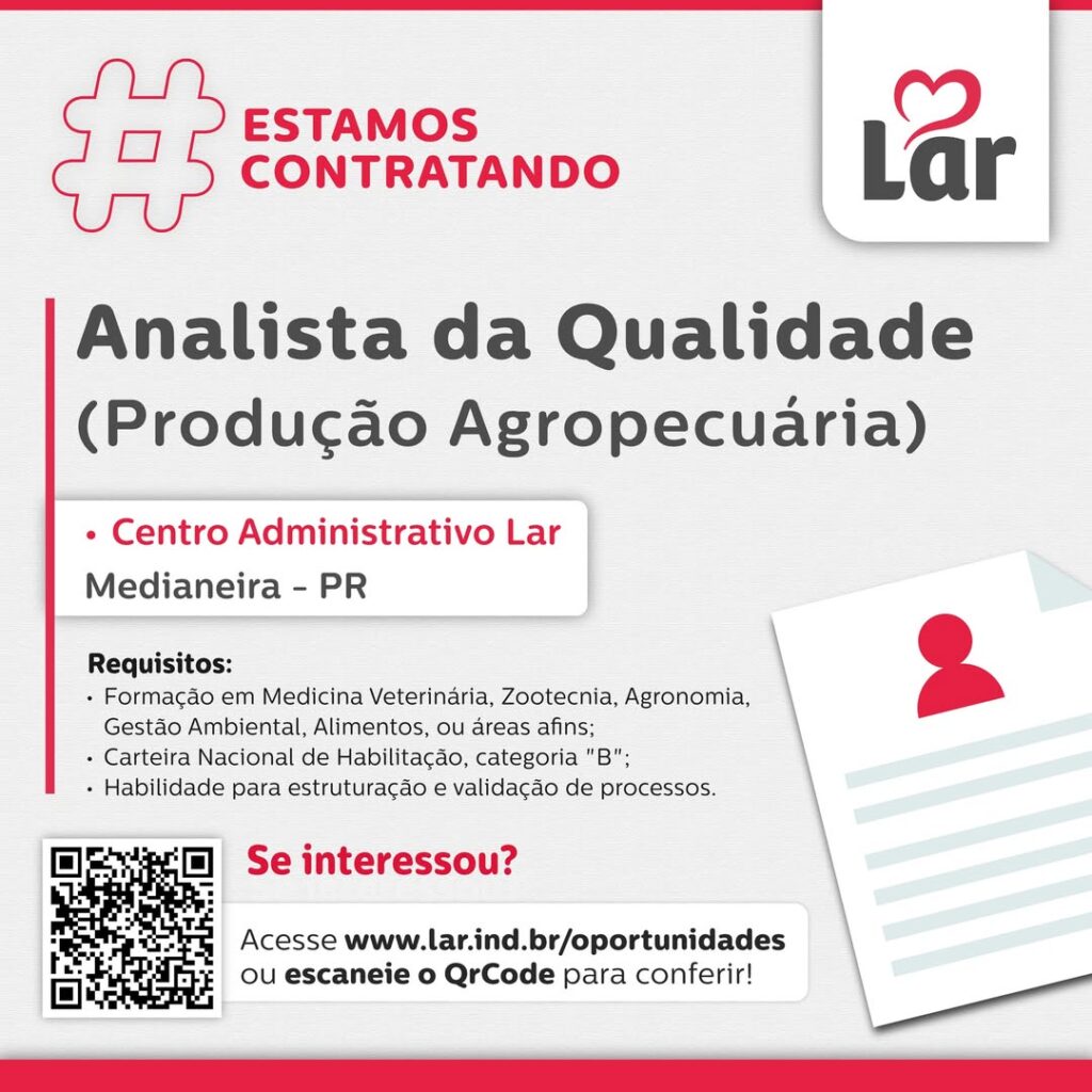 Vaga para Medianeira (PR)

Oportunidade para Analista da Qualidade (Produção Agropecuária), no Centro Administrativo Lar. 

Se interessou? 

Inscriçõe