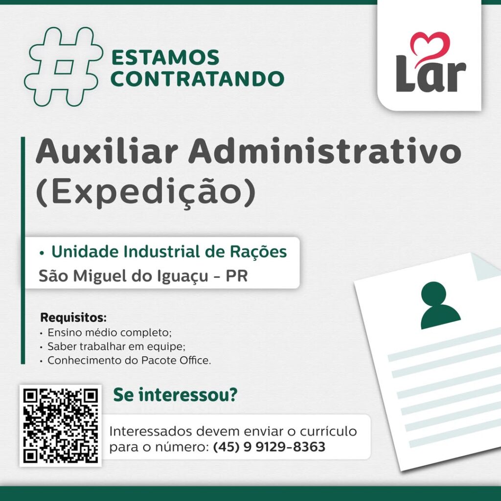 Vaga para São Miguel do Iguaçu (PR)

Oportunidade para Auxiliar Administrativo (Expedição), na Unidade Industrial de Rações. 

Se interessou? 

Intere