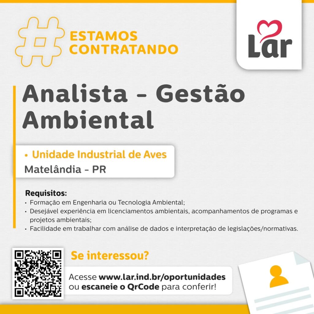 Vaga para Matelândia (PR)

Oportunidade para Analista - Gestão Ambiental, na Unidade Industrial de Aves. 

Se interessou? 

Inscrições através do port