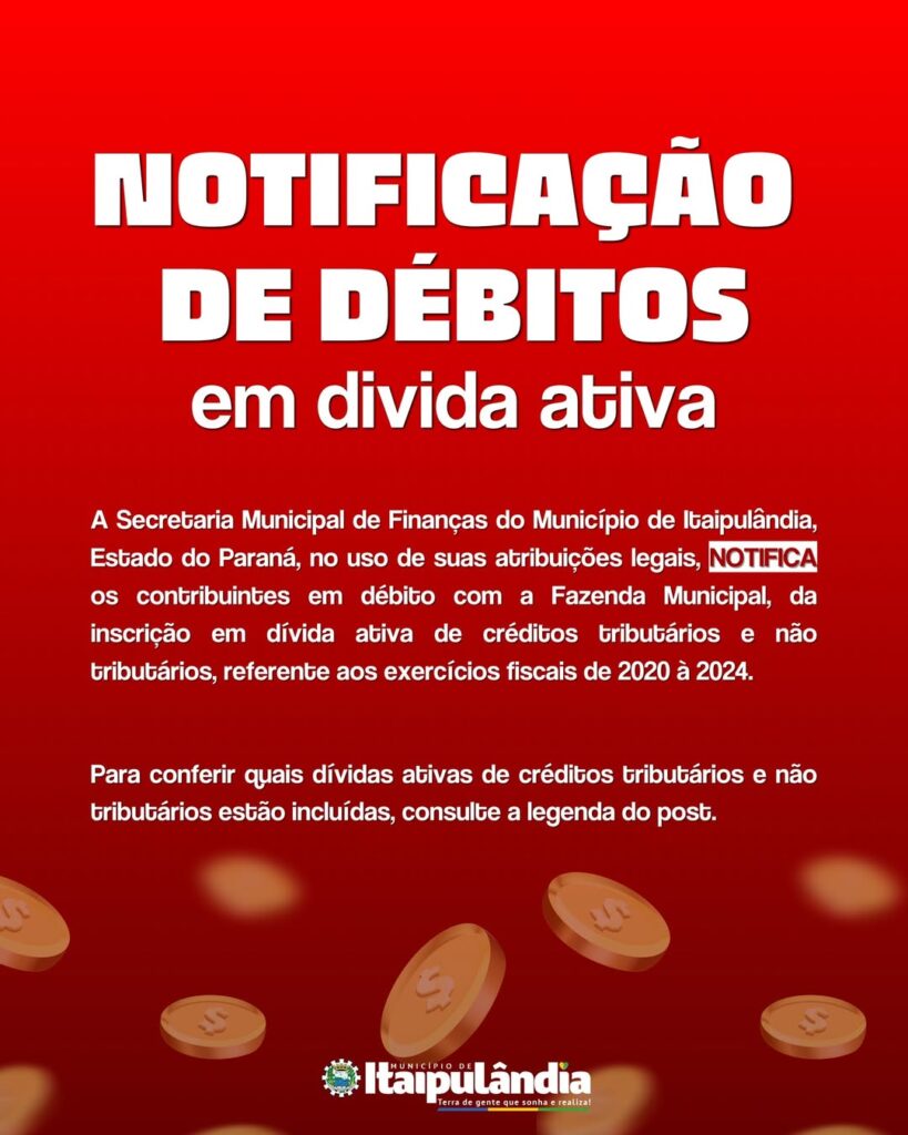 #ATENÇÃO Contribuintes de Itaipulândia!

A Secretaria Municipal de Finanças notifica os cidadãos com débitos junto à Fazenda Municipal sobre a inscriç