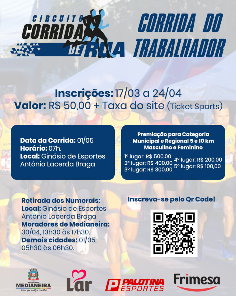 Circuito de Corridas de Rua de Medianeira: Etapa do Trabalhador acontece no dia 1º de maio

 As inscrições para o Circuito de Corridas de Rua de Medi