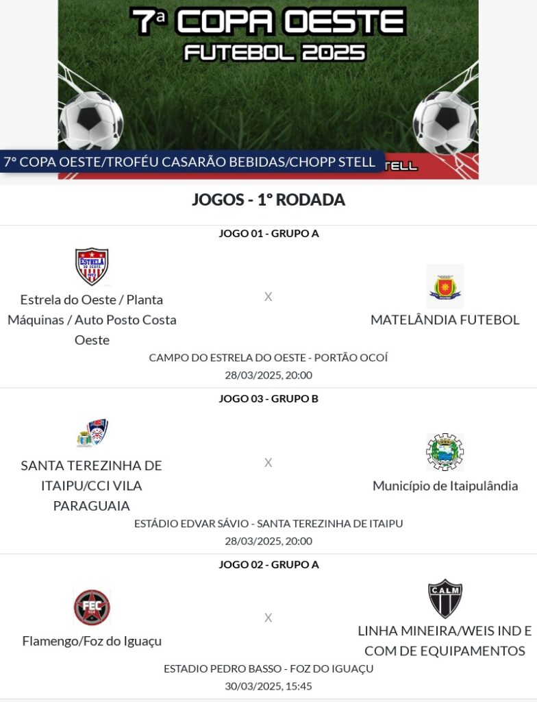 Copa Oeste de Futebol começa nesta Sexta-feira

Três jogos abrem a 7ª Edição da Copa Oeste de Futebol. O Estrela do Oeste/Planta Máquinas/Auto Posto C