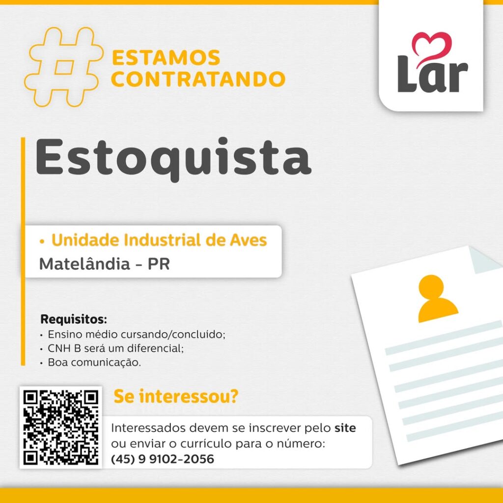 Vaga para Matelândia (PR)

Oportunidade para Estoquista, na Unidade Industrial de Aves. 

Se interessou? 

Interessados devem se inscrever pelo site o