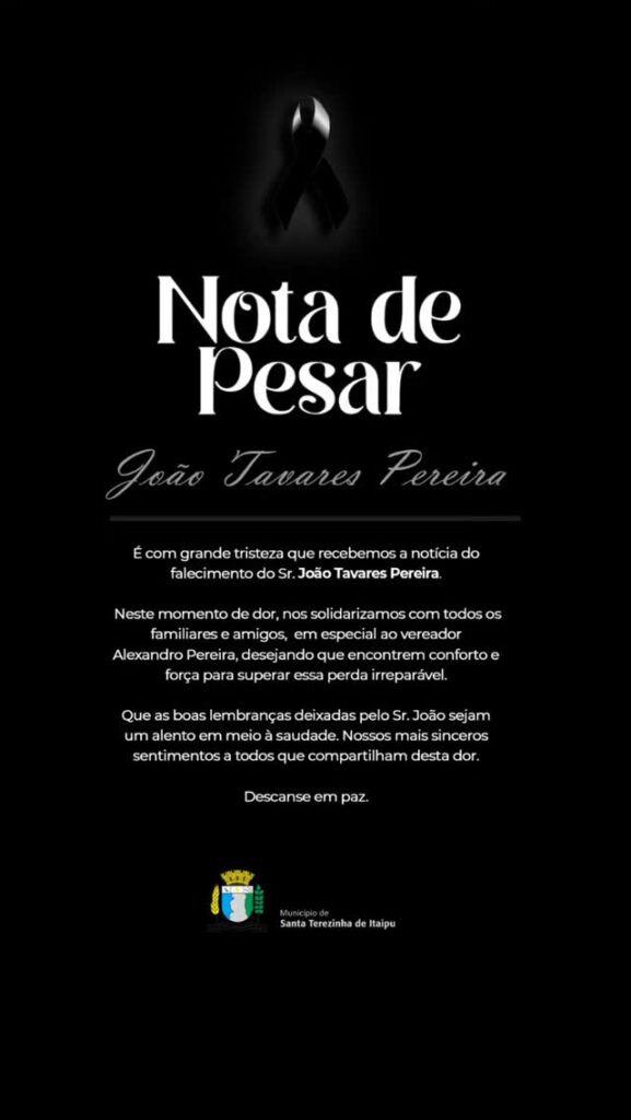 Nota de Pesar

Com profundo sentimento, comunicamos o falecimento do Sr. João Tavares Pereira, pai do vereador Alexandro Tavares Pereira. Neste moment