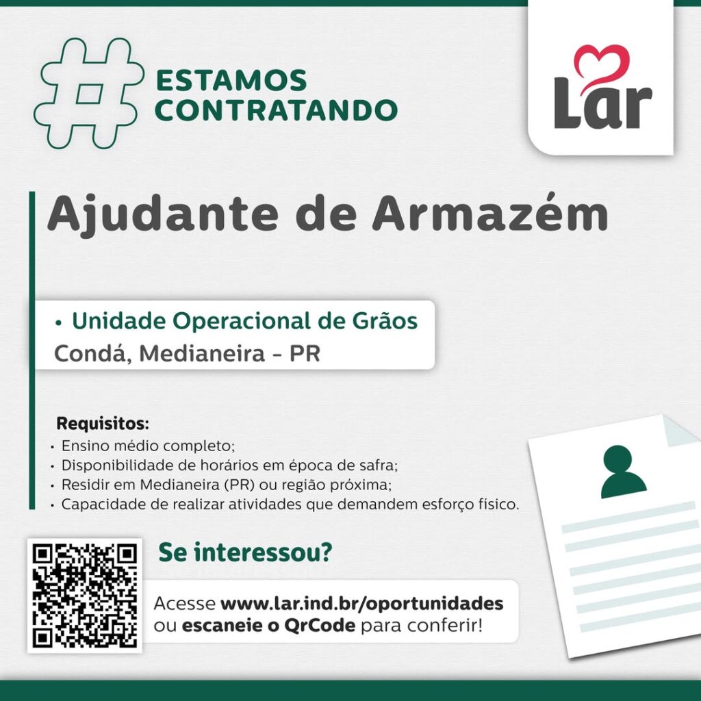Vaga para Condá, Medianeira (PR)

Oportunidade para Ajudante de Armazém, na Unidade Operacional de Grãos. 

Se interessou? 

Inscrições através do por