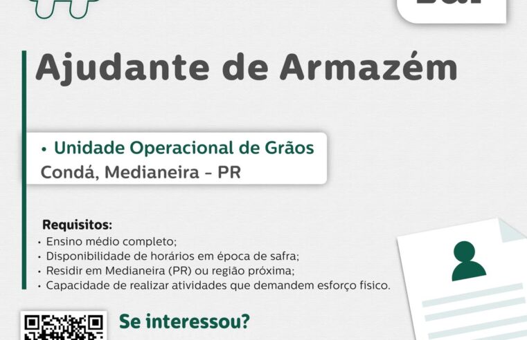 Últimos dias! Vaga de Ajudante de Armazém em Medianeira