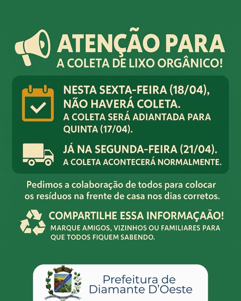 Atenção, população de Diamante D’Oeste!

Em virtude do feriado de sexta-feira (18), informamos que a coleta de lixo orgânico será antecipada para qui