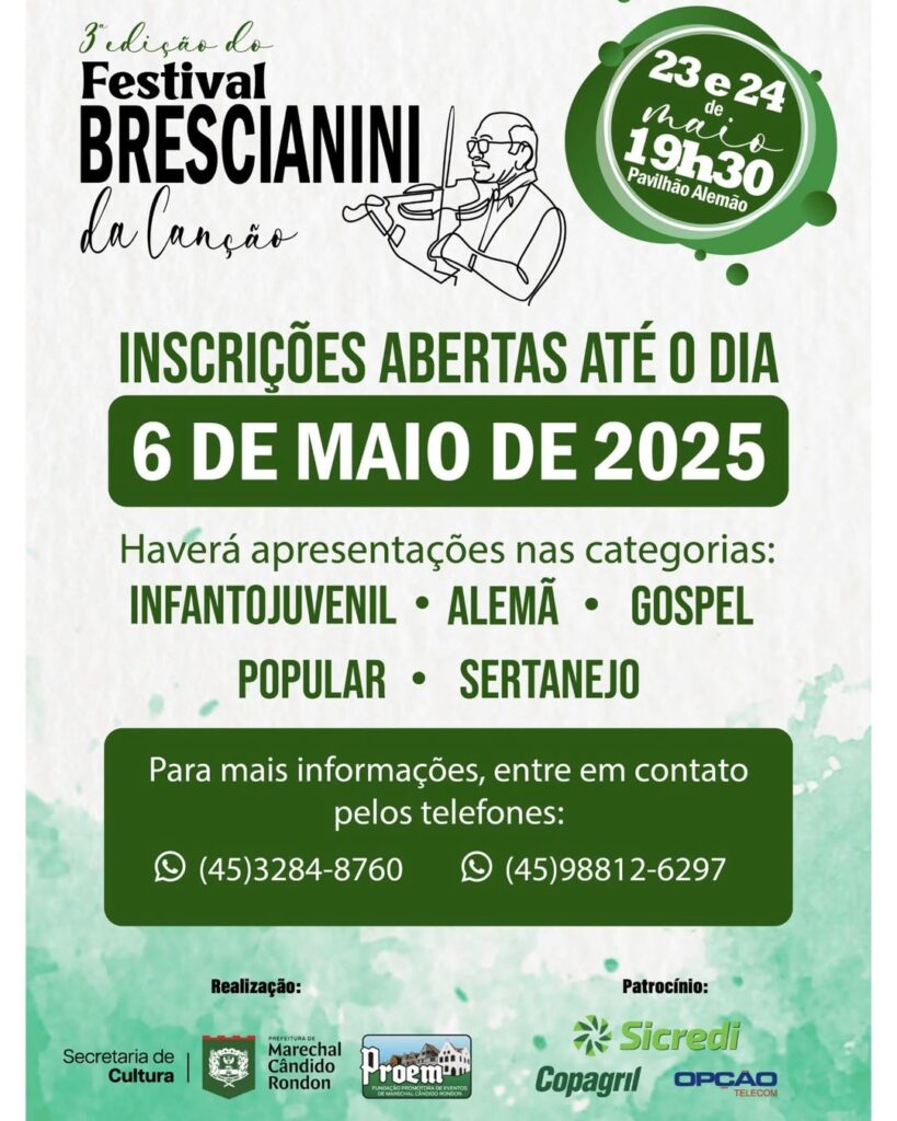 Estão abertas as inscrições para o 3º Festival Brescianini da Canção

Além da premiação em dinheiro, os rondonenses melhor classificados em cada categ