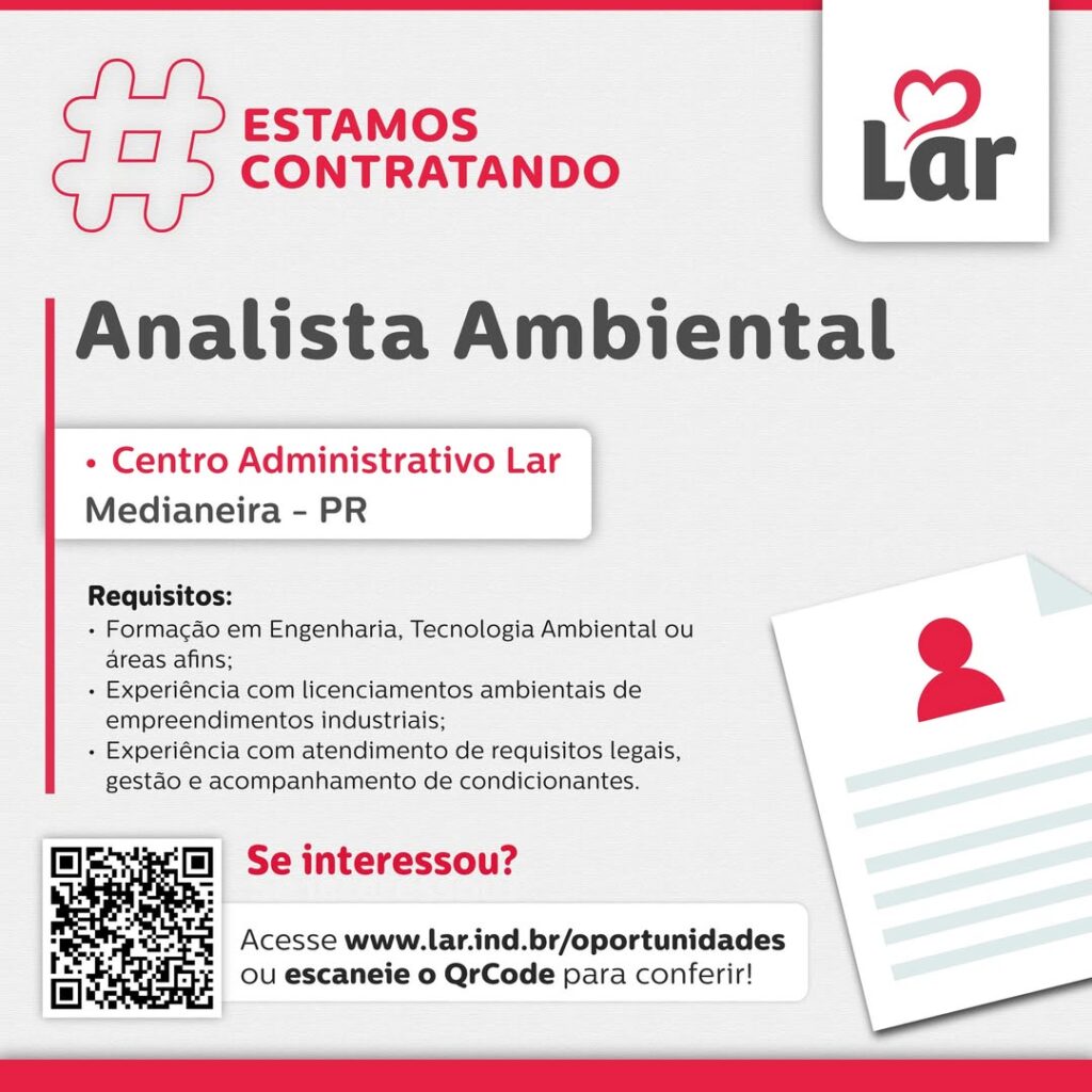 Vaga para Medianeira (PR)

Oportunidade para Analista Ambiental, no Centro Administrativo Lar. 

Se interessou? 

Inscrições através do portal de vaga