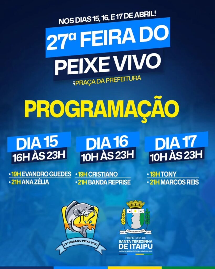 Confira o horário e a programação da 27ª Feira do Peixe Vivo:

Horários da feira:
• 15 de abril (terça-feira) – das 16h às 23h
• 16 e 17 de abril (qua