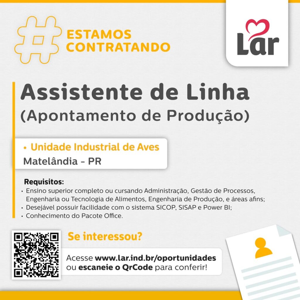 Vaga para Matelândia (PR)

Oportunidade para Assistente de Linha (Apontamento de Produção), na Unidade Industrial de Aves. 

Se interessou? 

Inscriçõ