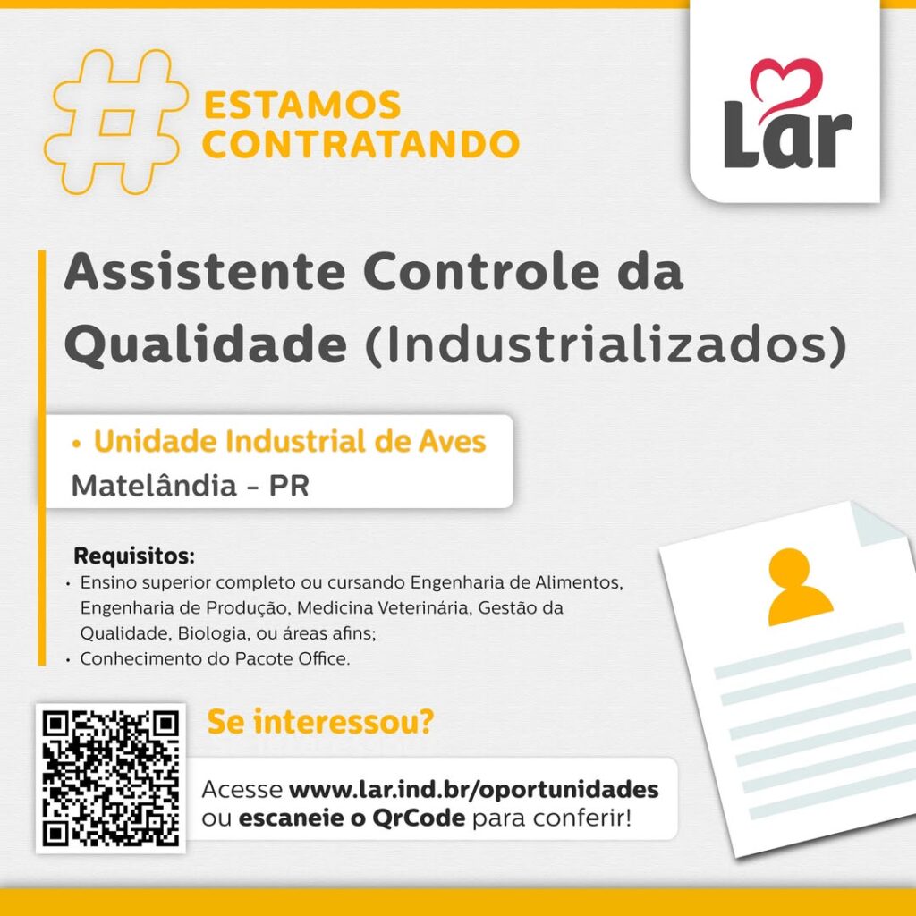 Vaga para Matelândia (PR)

Oportunidade para Assistente Controle da Qualidade (Industrializados), na Unidade Industrial de Aves. 

Se interessou? 

In