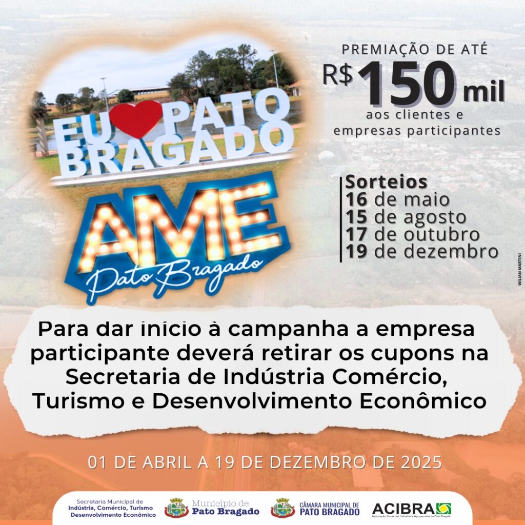 A campanha "Ame Pato Bragado 2025" está oficialmente lançada! 
As empresas participantes já podem retirar os cupons na Secretaria de Indústria, Comér