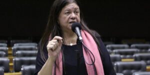 Deputada Laura Carneiro fala ao microfone.