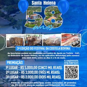 Vem aí o 3º Festival da Costela! 

Já pode anotar na agenda: dia 25 de maio tem festa no Balneário de Santa Helena! As inscrições começam nesta segun