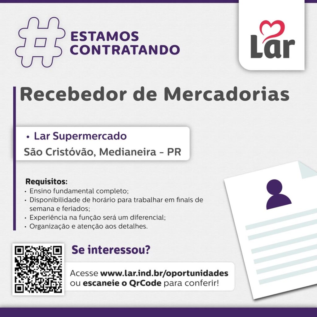 Vaga para São Cristóvão, Medianeira (PR)

Oportunidade para Recebedor de Mercadorias, no Lar Supermercado. 

Se interessou? 

Inscrições através do po