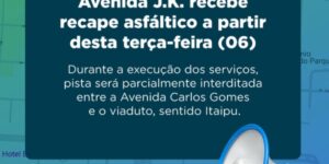 Atenção, motoristas!
Avenida J.K. terá recape asfáltico a partir desta terça-feira (06). 

Durante as obras, o trecho entre a Av. Carlos Gomes e o via