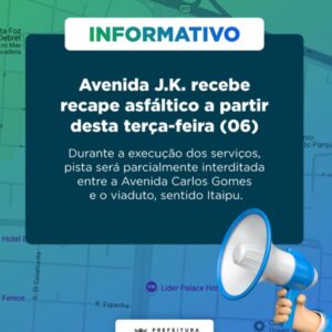 Atenção, motoristas!
Avenida J.K. terá recape asfáltico a partir desta terça-feira (06). 

Durante as obras, o trecho entre a Av. Carlos Gomes e o via