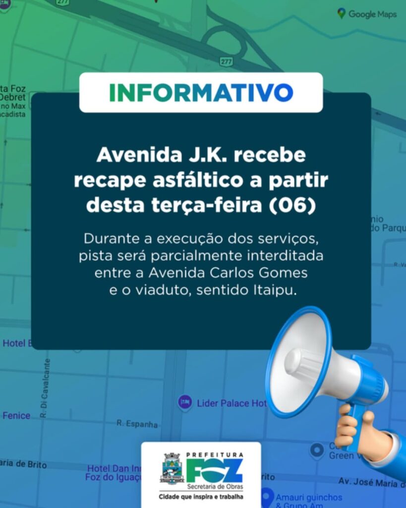 Atenção, motoristas!
Avenida J.K. terá recape asfáltico a partir desta terça-feira (06). 

Durante as obras, o trecho entre a Av. Carlos Gomes e o via